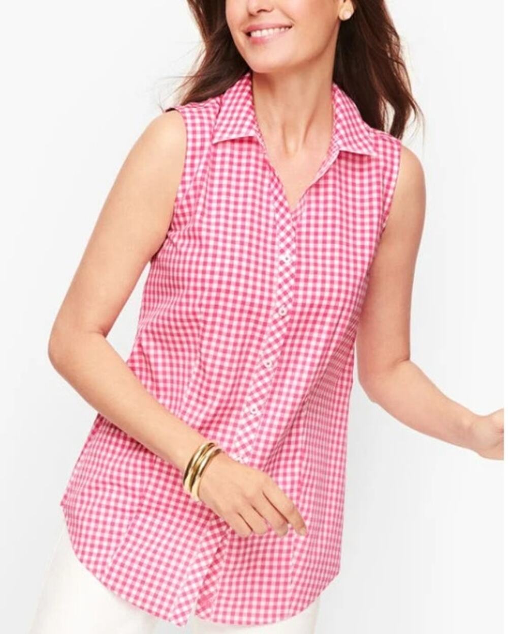 Talbots Womens 10P Non-Iron Sleeveless Perfect Shirt Pink Rosebud Gingham NEW
